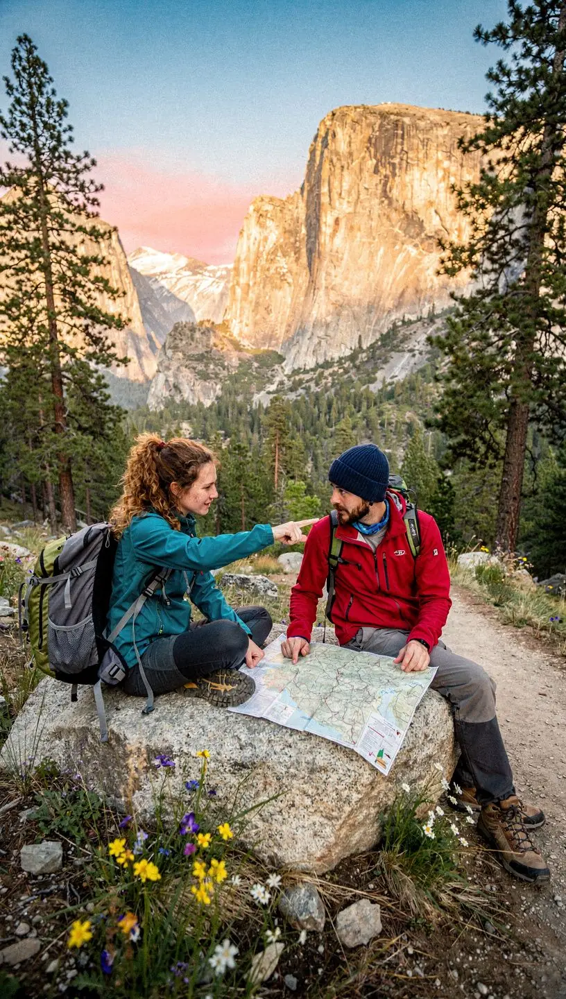 Grupa turystów wędrujących po lesie, otoczonych drzewami.