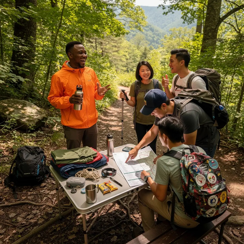 Zestaw niezbędnych akcesoriów do wędrówki rozłożonych na kocu.